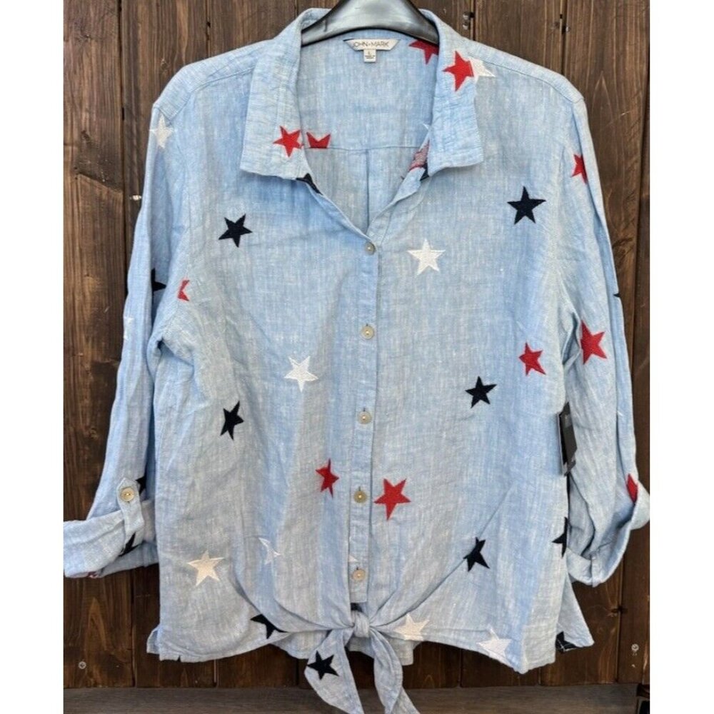 John Mark Size Large Star Embroidered  Long Roll-Tab Sleeve Button-Front Shirt